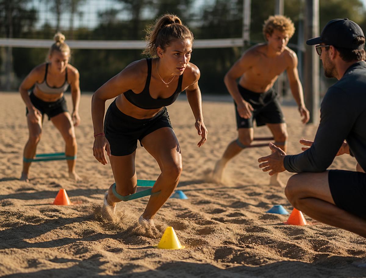 Athletes running sand agility drills with a coach